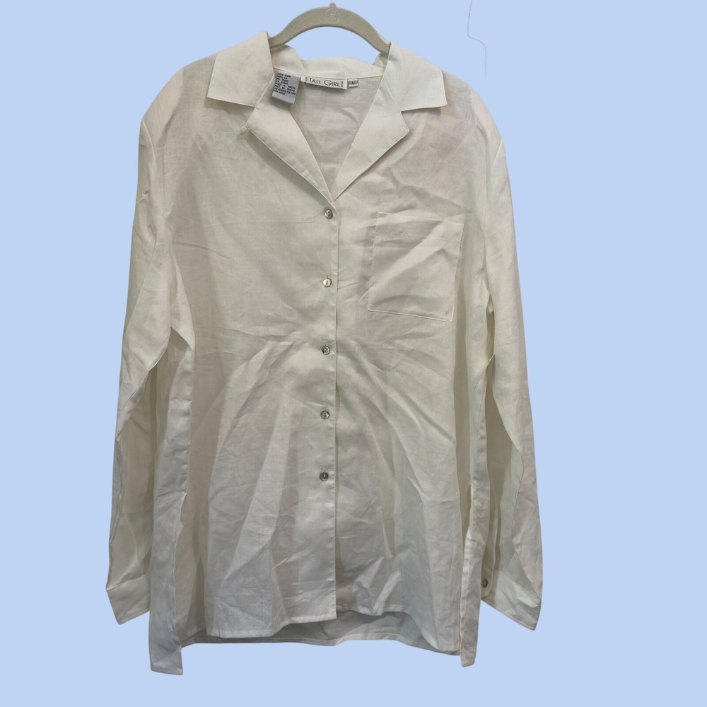 Tall Girl NWT Vintage White Linen Long‎ Sleeve Button Down Shirt Pocket L